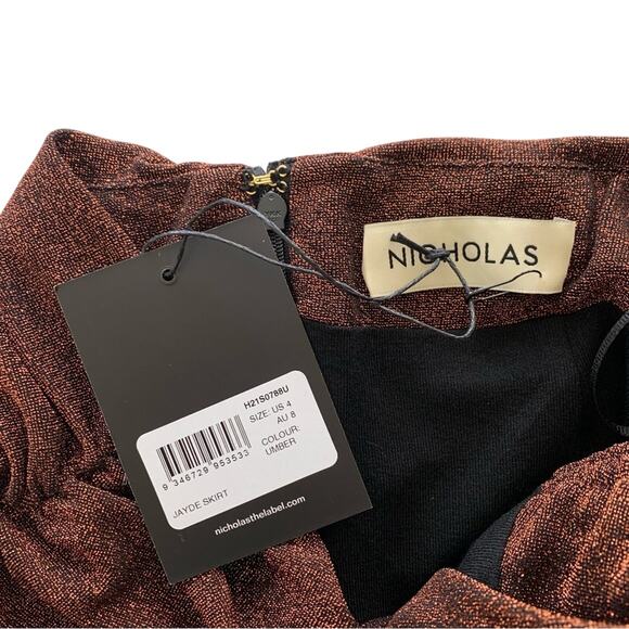 NICHOLAS Jayde Metallic Ruched Pleated Front Hem Slit Bronze Umber Skirt Size 4 - Picture 6 of 9